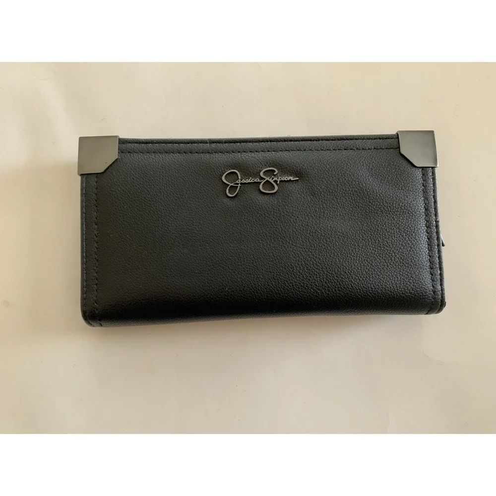 Jessica Simpson Women's Black Continental Wallet Clutch Gunmetal Logo Card Slots